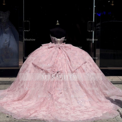 Misshow Strapless Ball Gown Sparkling Sequins & Beaded Bow Detail for Quinceanera Sweet 16 or Birthday Party