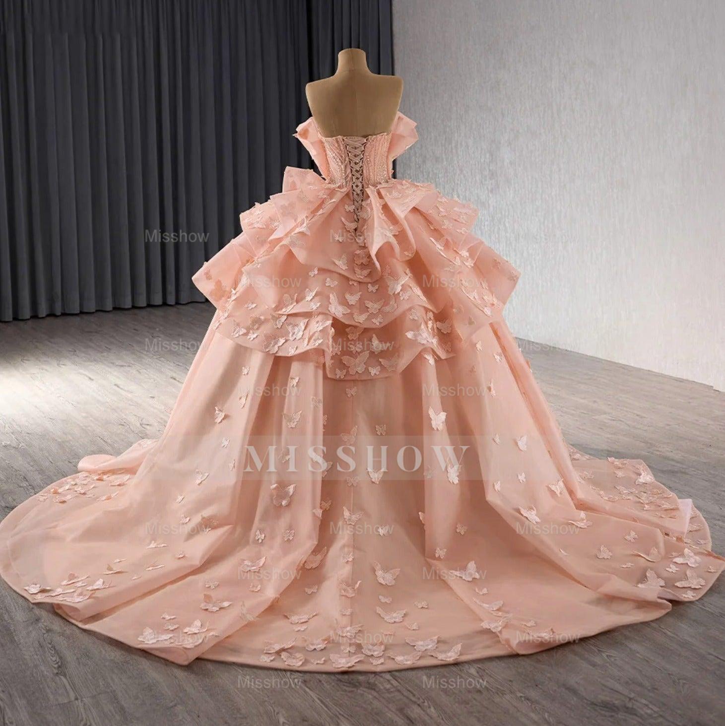 Misshow Strapless Ball Gown with 3D Butterfly Appliques Tiered Pink Tulle Quinceanera & Sweet 16 Party Dress