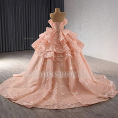 Misshow Strapless Ball Gown with 3D Butterfly Appliques Tiered Pink Tulle Quinceanera & Sweet 16 Party Dress