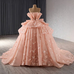 Misshow Strapless Ball Gown with 3D Butterfly Appliques Tiered Pink Tulle Quinceanera & Sweet 16 Party Dress