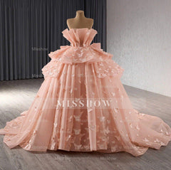 Misshow Strapless Ball Gown with 3D Butterfly Appliques Tiered Pink Tulle Quinceanera & Sweet 16 Party Dress