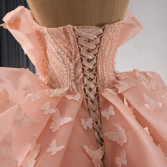 Misshow Strapless Ball Gown with 3D Butterfly Appliques Tiered Pink Tulle Quinceanera & Sweet 16 Party Dress