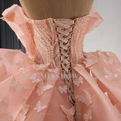 Misshow Strapless Ball Gown with 3D Butterfly Appliques Tiered Pink Tulle Quinceanera & Sweet 16 Party Dress