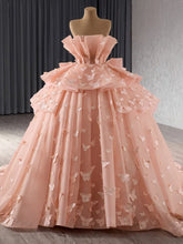 Misshow Strapless Ball Gown with 3D Butterfly Appliques Tiered Pink Tulle Quinceanera & Sweet 16 Party Dress