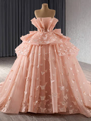 Misshow Strapless Ball Gown with 3D Butterfly Appliques Tiered Pink Tulle Quinceanera & Sweet 16 Party Dress