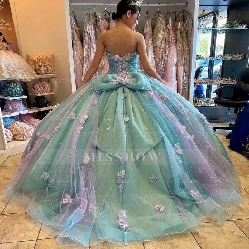 Misshow Strapless Ball Gown with 3D Floral Appliques & Bow Detail Perfect for Quinceanera & Sweet 16