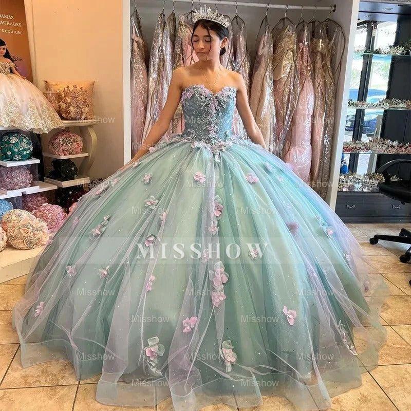 Misshow Strapless Ball Gown with 3D Floral Appliques & Bow Detail Perfect for Quinceanera & Sweet 16