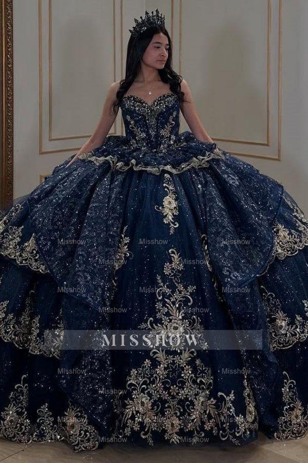 Misshow Strapless Ball Gown with Beaded Ruffles & Sequins Sparkly Tulle Quinceanera Dress for Sweet 16 Birthday & Formal Events