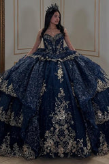 Misshow Strapless Ball Gown with Beaded Ruffles & Sequins Sparkly Tulle Quinceanera Dress for Sweet 16 Birthday & Formal Events