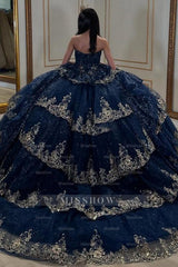 Misshow Strapless Ball Gown with Beaded Ruffles & Sequins Sparkly Tulle Quinceanera Dress for Sweet 16 Birthday & Formal Events