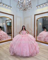 Misshow Strapless Ball Gown with Beaded Ruffles & Sequins Sparkly Tulle Quinceanera Dress for Sweet 16 Birthday & Formal Events