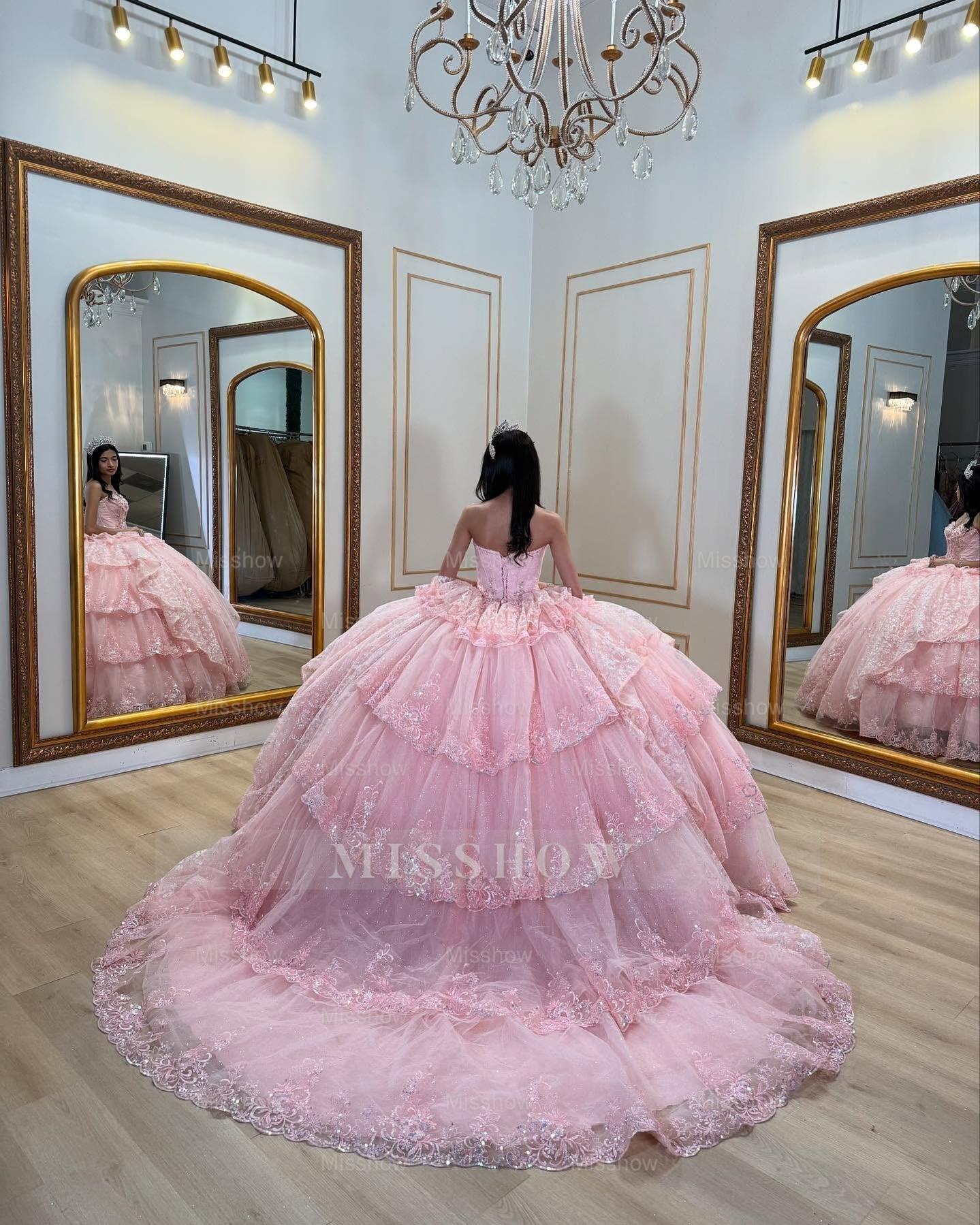 Misshow Strapless Ball Gown with Beaded Ruffles & Sequins Sparkly Tulle Quinceanera Dress for Sweet 16 Birthday & Formal Events