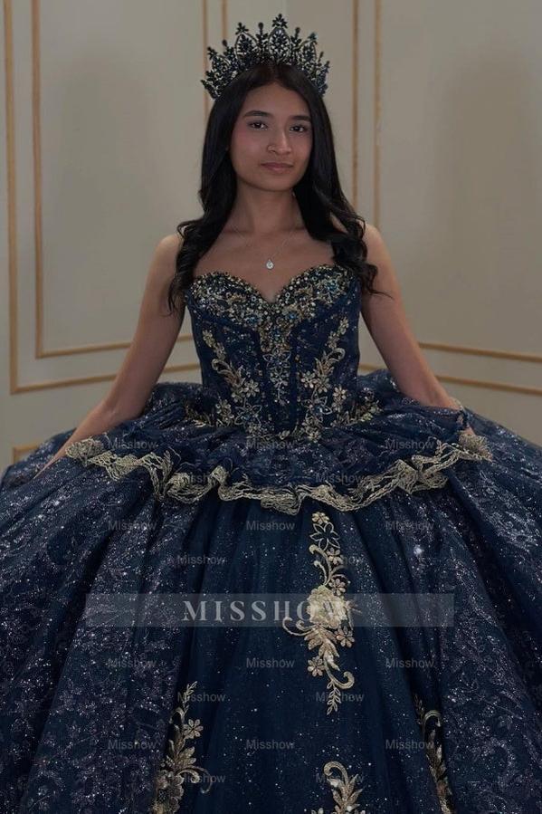 Misshow Strapless Ball Gown with Beaded Ruffles & Sequins Sparkly Tulle Quinceanera Dress for Sweet 16 Birthday & Formal Events