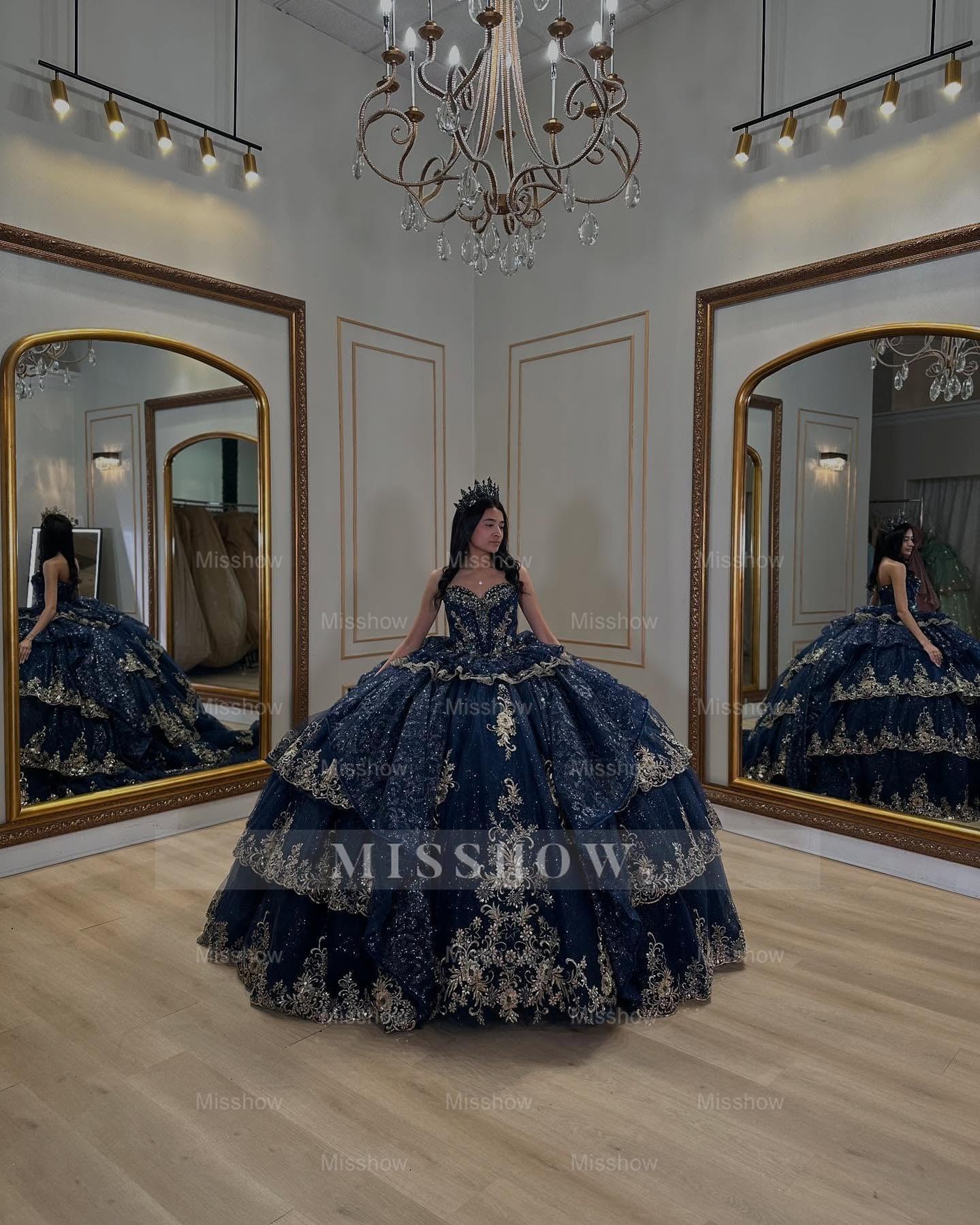 Misshow Strapless Ball Gown with Beaded Ruffles & Sequins Sparkly Tulle Quinceanera Dress for Sweet 16 Birthday & Formal Events