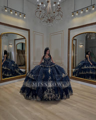 Misshow Strapless Ball Gown with Beaded Ruffles & Sequins Sparkly Tulle Quinceanera Dress for Sweet 16 Birthday & Formal Events