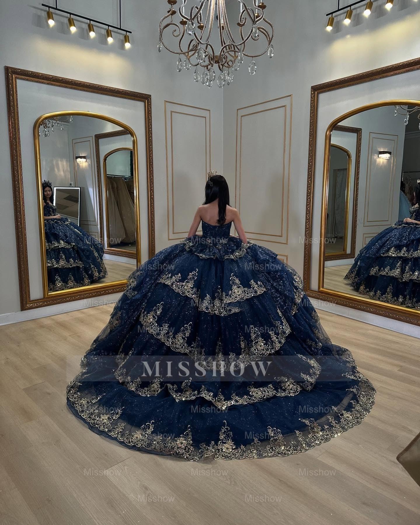 Misshow Strapless Ball Gown with Beaded Ruffles & Sequins Sparkly Tulle Quinceanera Dress for Sweet 16 Birthday & Formal Events