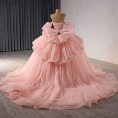 Misshow Strapless Ball Gown with Detachable Sleeves Tiered Tulle Quinceanera Dress with Ruffle Appliques & Bow Detail for Sweet 16 & Princess Parties