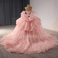 Misshow Strapless Ball Gown with Detachable Sleeves Tiered Tulle Quinceanera Dress with Ruffle Appliques & Bow Detail for Sweet 16 & Princess Parties