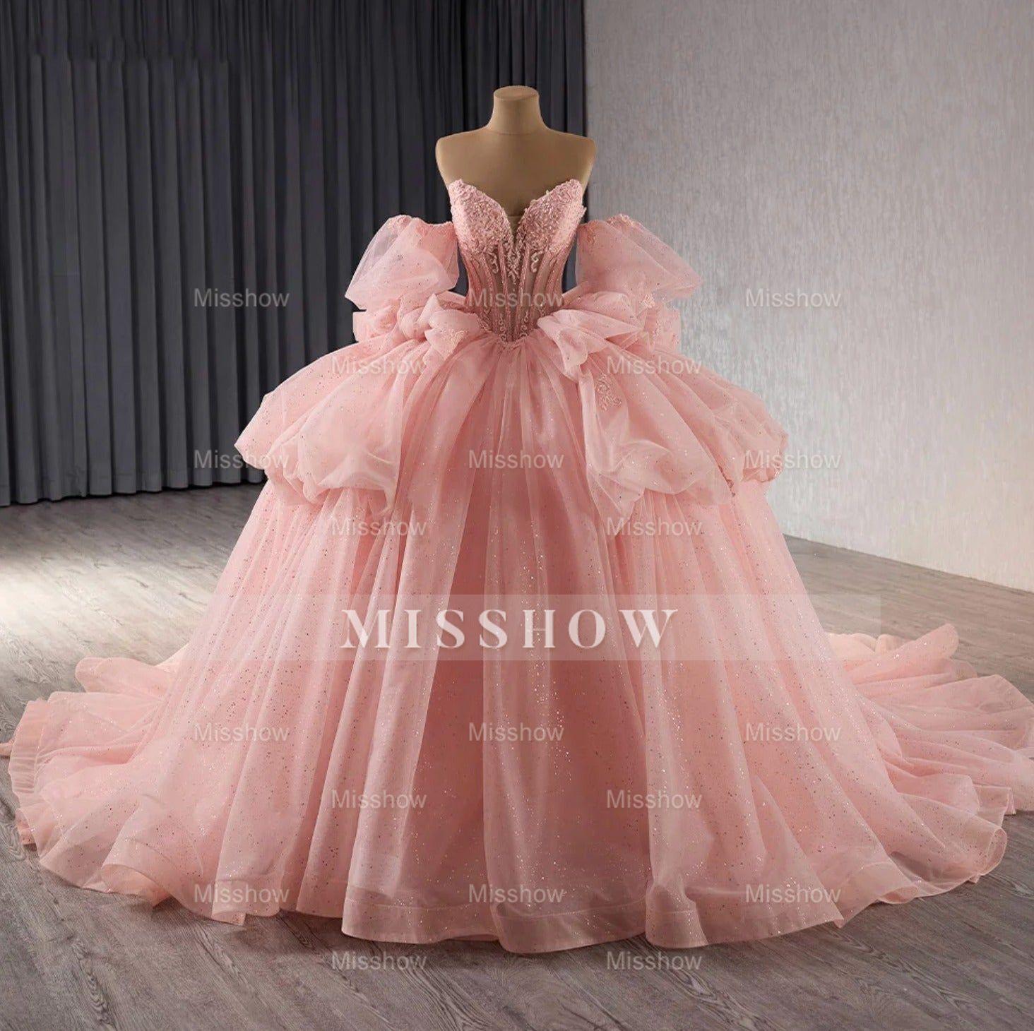 Misshow Strapless Ball Gown with Detachable Sleeves Tiered Tulle Quinceanera Dress with Ruffle Appliques & Bow Detail for Sweet 16 & Princess Parties