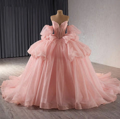 Misshow Strapless Ball Gown with Detachable Sleeves Tiered Tulle Quinceanera Dress with Ruffle Appliques & Bow Detail for Sweet 16 & Princess Parties