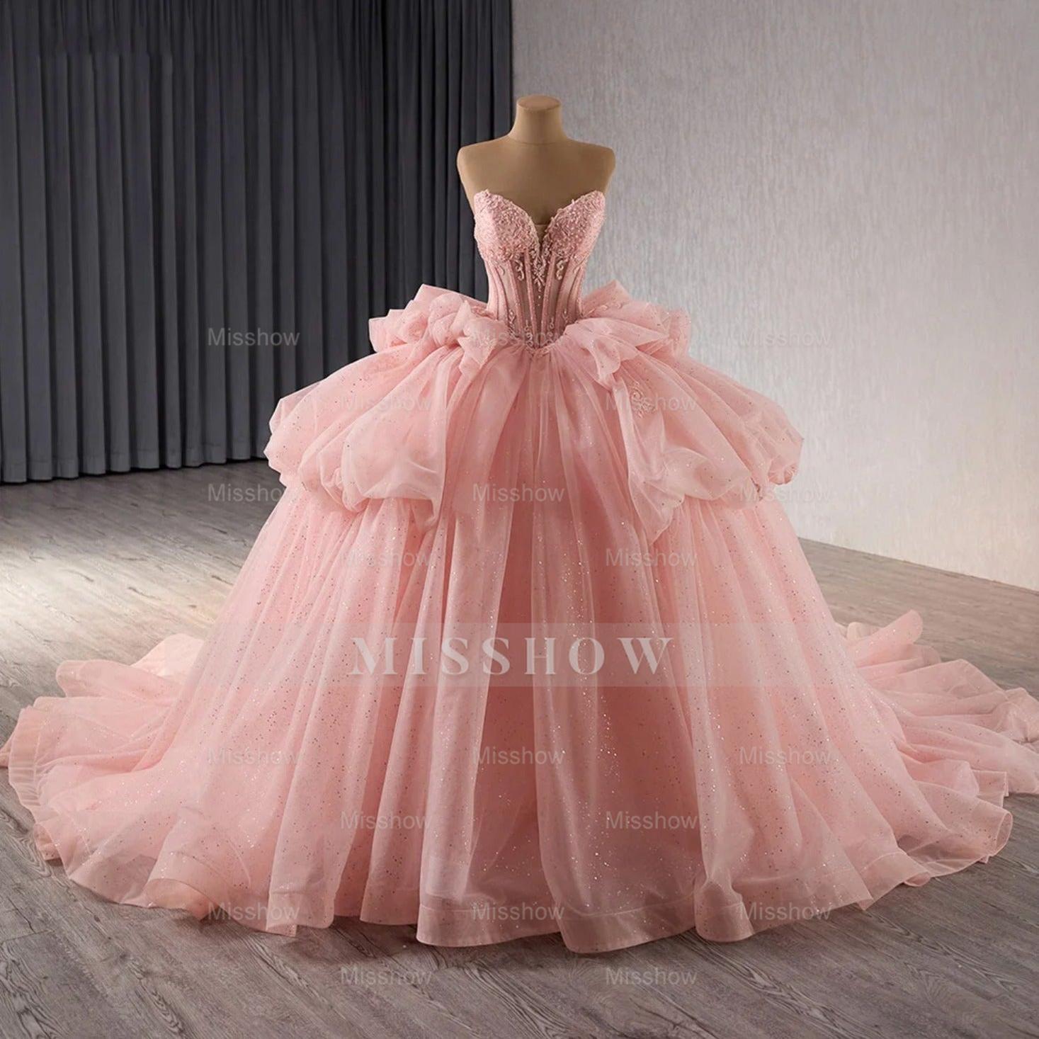 Misshow Strapless Ball Gown with Detachable Sleeves Tiered Tulle Quinceanera Dress with Ruffle Appliques & Bow Detail for Sweet 16 & Princess Parties
