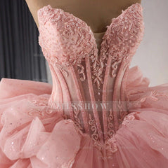 Misshow Strapless Ball Gown with Detachable Sleeves Tiered Tulle Quinceanera Dress with Ruffle Appliques & Bow Detail for Sweet 16 & Princess Parties
