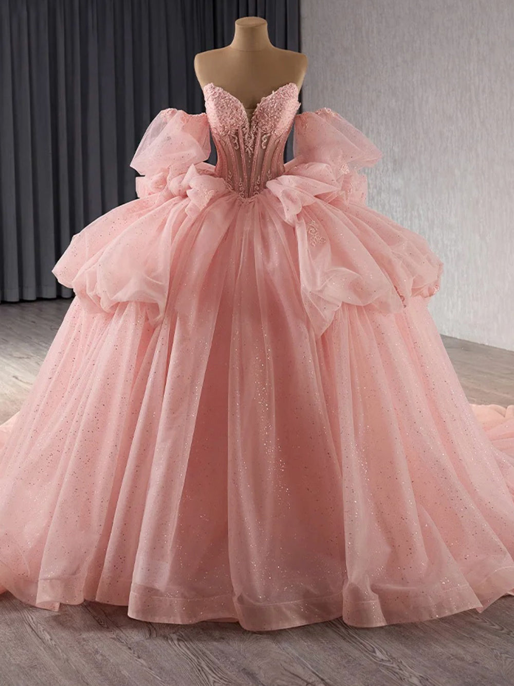Misshow Strapless Ball Gown with Detachable Sleeves Tiered Tulle Quinceanera Dress with Ruffle Appliques & Bow Detail for Sweet 16 & Princess Parties