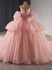 Misshow Strapless Ball Gown with Detachable Sleeves Tiered Tulle Quinceanera Dress with Ruffle Appliques & Bow Detail for Sweet 16 & Princess Parties