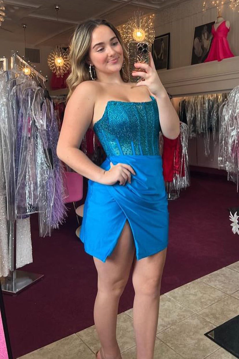 Misshow Strapless Blue Bodycon Corset Short Homecoming Dress/Mini Dress with Beading