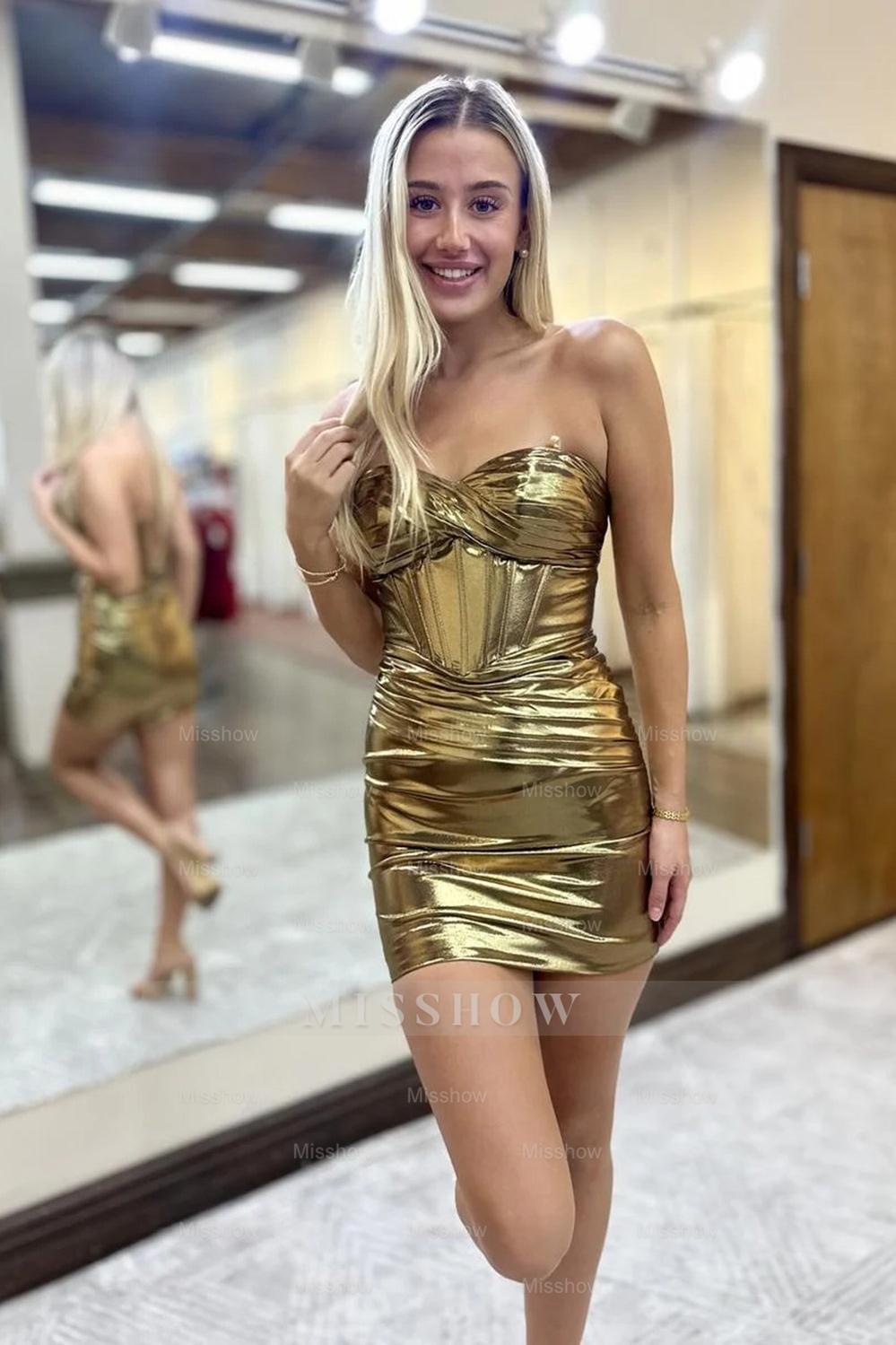 Misshow Strapless Burgundy Satin Corset Tight Short Homecoming Dress/Mini Dress