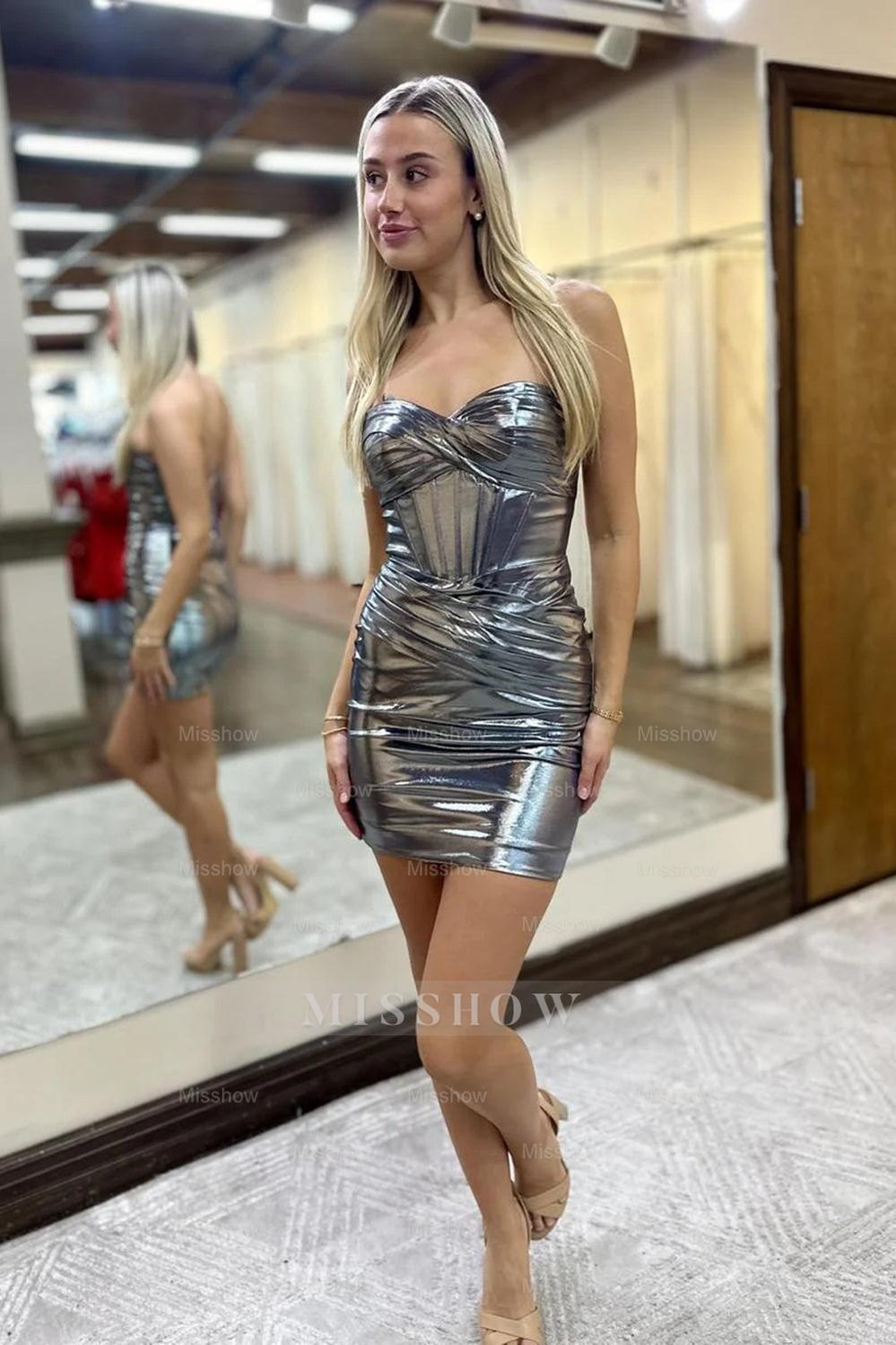 Misshow Strapless Burgundy Satin Corset Tight Short Homecoming Dress/Mini Dress