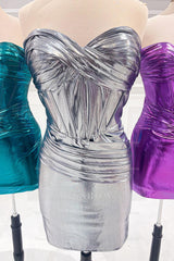 Misshow Strapless Burgundy Satin Corset Tight Short Homecoming Dress/Mini Dress