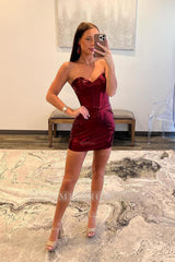 Misshow Strapless Burgundy Satin Corset Tight Short Homecoming Dress/Mini Dress