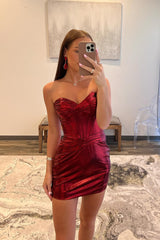 Misshow Strapless Burgundy Satin Corset Tight Short Homecoming Dress/Mini Dress