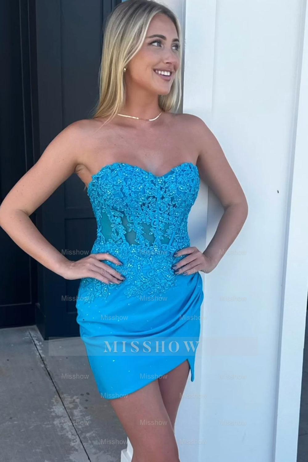 Misshow Strapless Corset Red Tight Short Homecoming Dress/Mini Dress with Lace