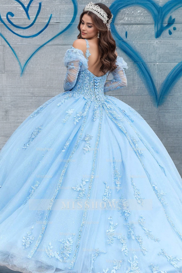 Misshow Strapless Detachable Long Sleeve Applique Lace-Up Baby Blue Tulle Quinceanera Dress Perfect for Sweet 16 & Formal Evenings