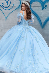 Misshow Strapless Detachable Long Sleeve Applique Lace-Up Baby Blue Tulle Quinceanera Dress Perfect for Sweet 16 & Formal Evenings