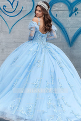 Misshow Strapless Detachable Long Sleeve Applique Lace-Up Baby Blue Tulle Quinceanera Dress Perfect for Sweet 16 & Formal Evenings
