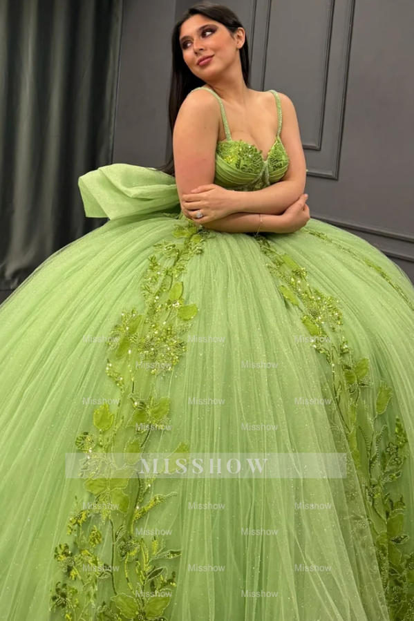 Misshow Strapless Green Tulle Quinceanera Dress with Sequins Beaded Appliques & Pleated Bow Perfect for Birthday Parties & Special Occasions