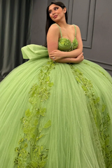 Misshow Strapless Green Tulle Quinceanera Dress with Sequins Beaded Appliques & Pleated Bow Perfect for Birthday Parties & Special Occasions