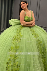 Misshow Strapless Green Tulle Quinceanera Dress with Sequins Beaded Appliques & Pleated Bow Perfect for Birthday Parties & Special Occasions