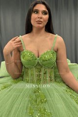 Misshow Strapless Green Tulle Quinceanera Dress with Sequins Beaded Appliques & Pleated Bow Perfect for Birthday Parties & Special Occasions