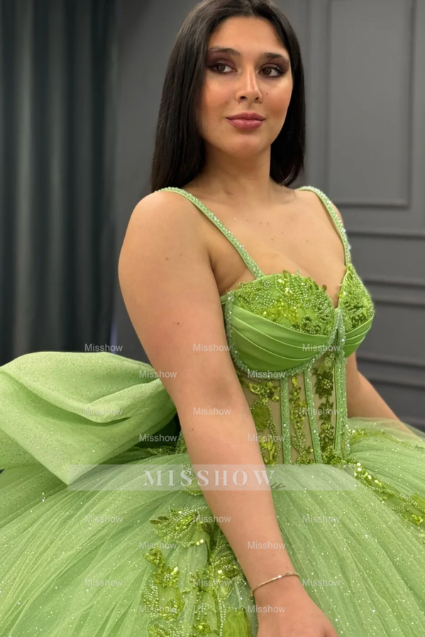 Misshow Strapless Green Tulle Quinceanera Dress with Sequins Beaded Appliques & Pleated Bow Perfect for Birthday Parties & Special Occasions