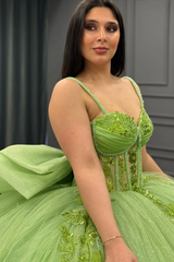 Misshow Strapless Green Tulle Quinceanera Dress with Sequins Beaded Appliques & Pleated Bow Perfect for Birthday Parties & Special Occasions