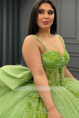 Misshow Strapless Green Tulle Quinceanera Dress with Sequins Beaded Appliques & Pleated Bow Perfect for Birthday Parties & Special Occasions