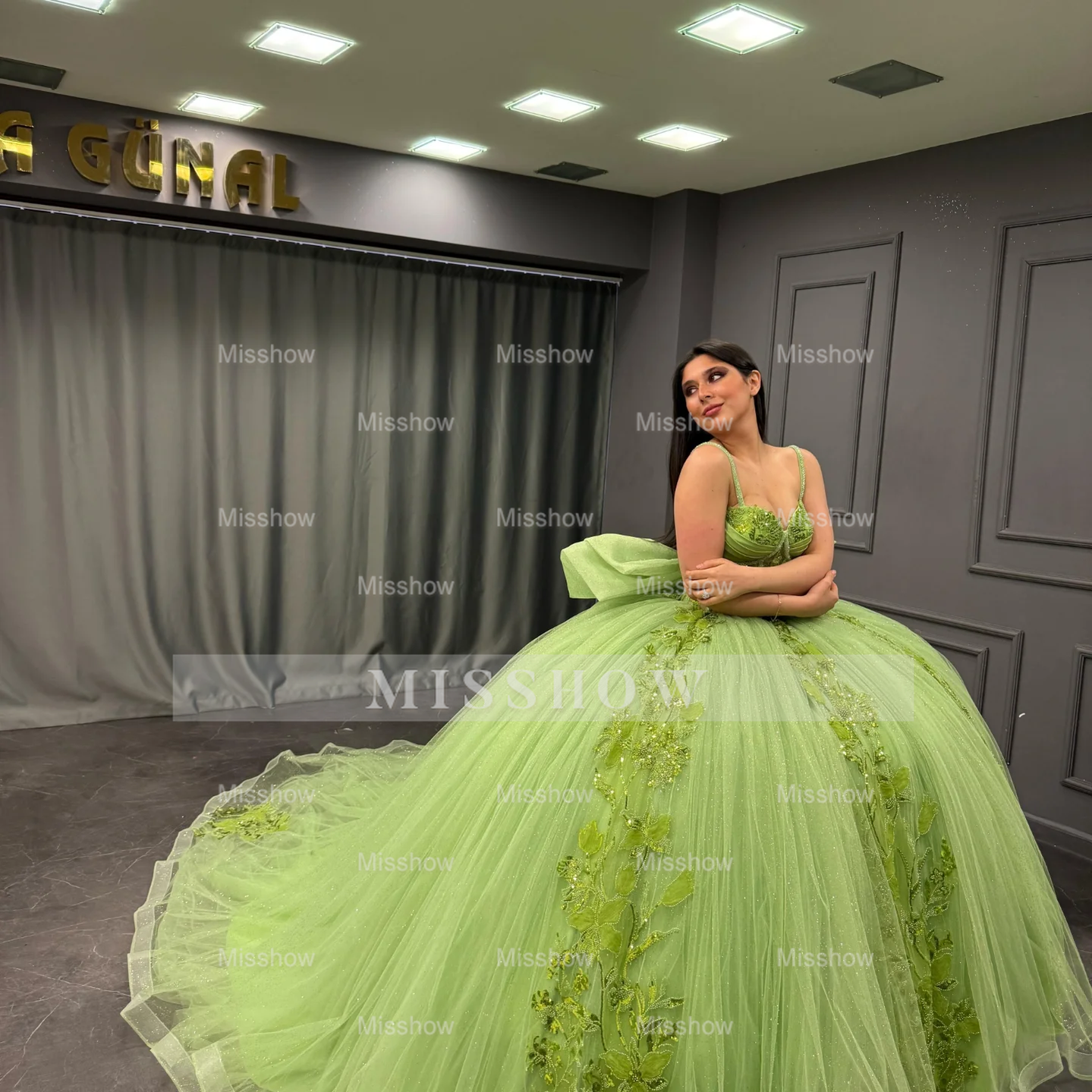 Misshow Strapless Green Tulle Quinceanera Dress with Sequins Beaded Appliques & Pleated Bow Perfect for Birthday Parties & Special Occasions