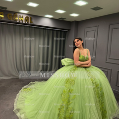 Misshow Strapless Green Tulle Quinceanera Dress with Sequins Beaded Appliques & Pleated Bow Perfect for Birthday Parties & Special Occasions