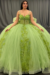 Misshow Strapless Green Tulle Quinceanera Dress with Sequins Beaded Appliques & Pleated Bow Perfect for Birthday Parties & Special Occasions