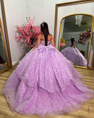 Misshow Strapless Lilac Tulle Quinceanera Dress Tiered Ball Gown with Bow Detail for Sweet 16 & Princess Evening Parties