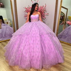 Misshow Strapless Lilac Tulle Quinceanera Dress Tiered Ball Gown with Bow Detail for Sweet 16 & Princess Evening Parties